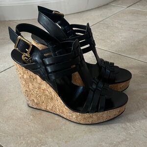 Tory Burch leather Black Wedge Sandals with Cork Heel